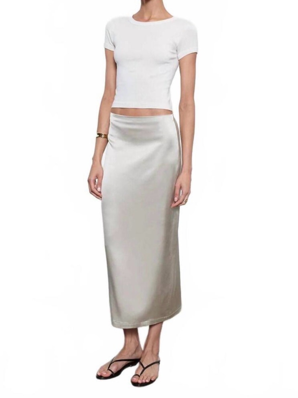 NWT ENZA COSTA Lustre Column Midi Skirt Fog Stretch Satin size 3 Large